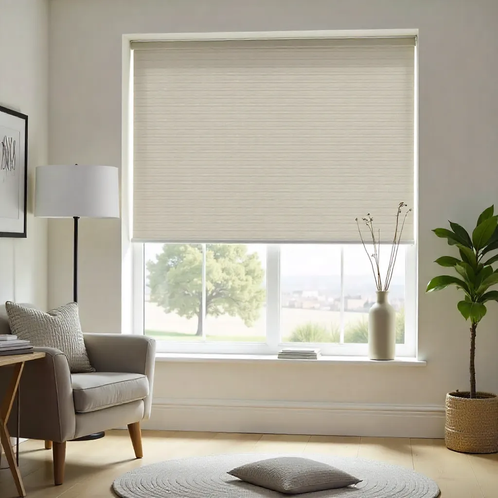 Roller blinds in bright living room